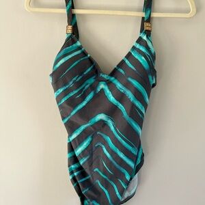 Simon Chang One Piece Swimsuit Size 12 Teal Black Animal Print Gold Strap Detail